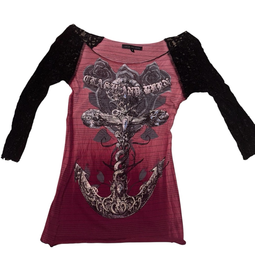Crash & Burn Women's Black and Red Top Lace 3/4 Sleeves Rhinestone - Small